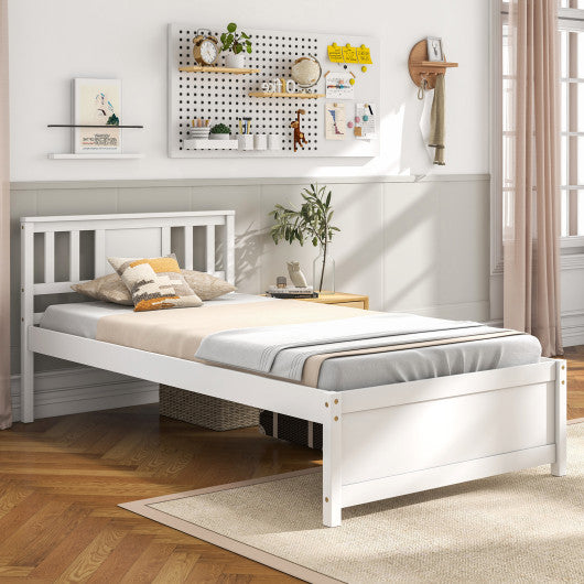 Wooden Platform Bed with Headboard and Wood Slat Support White-Twin Size