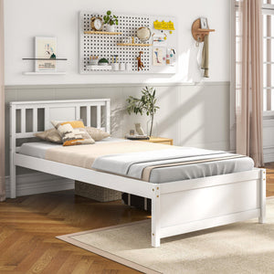 Wooden Platform Bed with Headboard and Wood Slat Support White-Twin Size