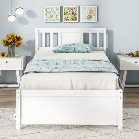Wooden Platform Bed with Headboard and Wood Slat Support White-Twin Size