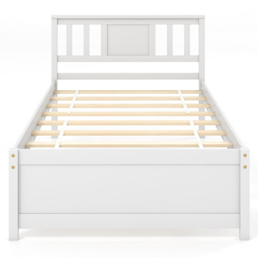 Wooden Platform Bed with Headboard and Wood Slat Support White-Twin Size