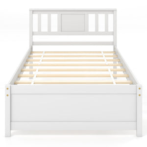 Wooden Platform Bed with Headboard and Wood Slat Support White-Twin Size