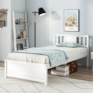 Wooden Platform Bed with Headboard and Wood Slat Support White-Twin Size