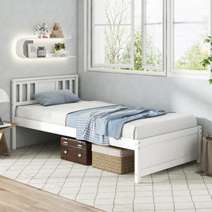 Wooden Platform Bed with Headboard and Wood Slat Support White-Twin Size