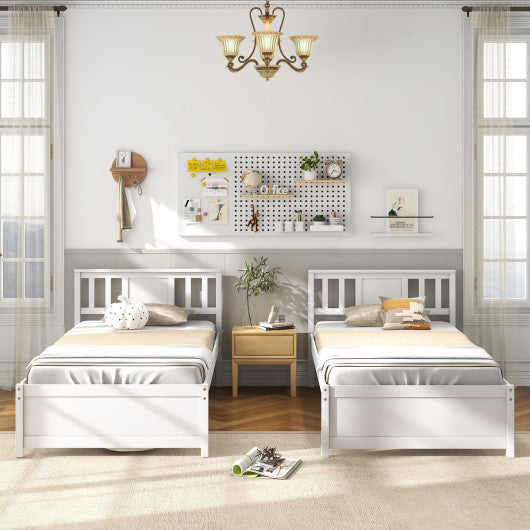Wooden Platform Bed with Headboard and Wood Slat Support White-Twin Size