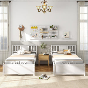 Wooden Platform Bed with Headboard and Wood Slat Support White-Twin Size