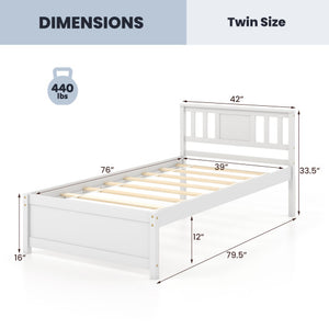 Wooden Platform Bed with Headboard and Wood Slat Support White-Twin Size