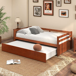Twin Size Trundle Platform Bed Frame with  Wooden Slat Support-Walnut