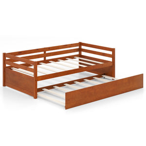 Twin Size Trundle Platform Bed Frame with  Wooden Slat Support-Walnut