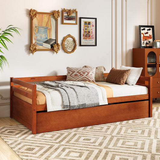 Twin Size Trundle Platform Bed Frame with  Wooden Slat Support-Walnut