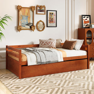 Twin Size Trundle Platform Bed Frame with  Wooden Slat Support-Walnut