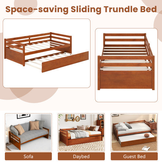 Twin Size Trundle Platform Bed Frame with  Wooden Slat Support-Walnut