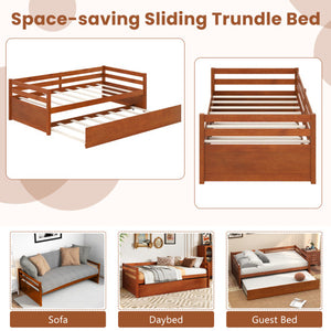 Twin Size Trundle Platform Bed Frame with  Wooden Slat Support-Walnut