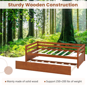 Twin Size Trundle Platform Bed Frame with  Wooden Slat Support-Walnut