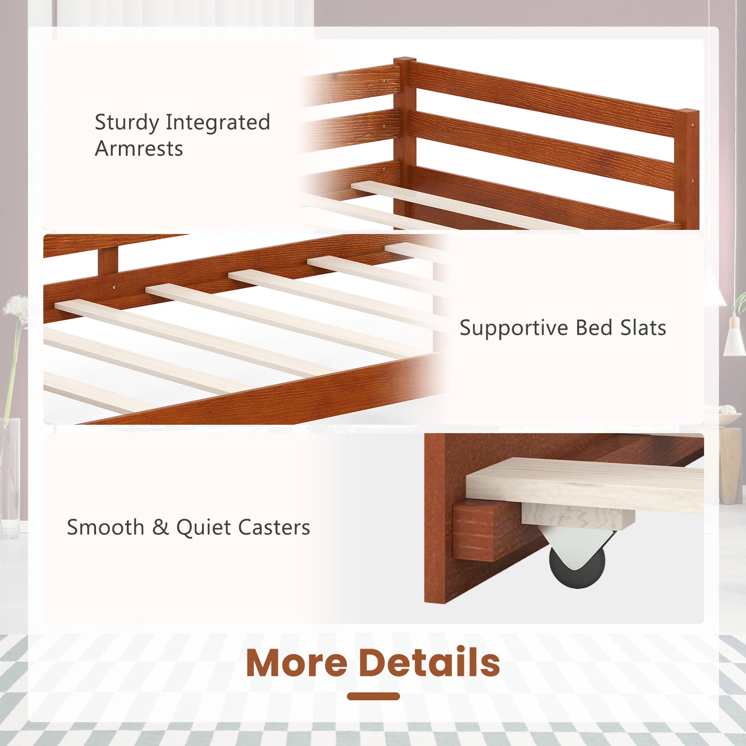 Twin Size Trundle Platform Bed Frame with  Wooden Slat Support-Walnut