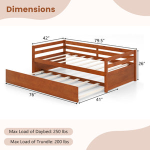 Twin Size Trundle Platform Bed Frame with  Wooden Slat Support-Walnut