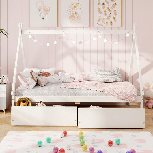Twin Size Wooden Tent Platform House Bed with 2 Drawers-White