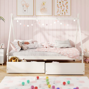 Twin Size Wooden Tent Platform House Bed with 2 Drawers-White