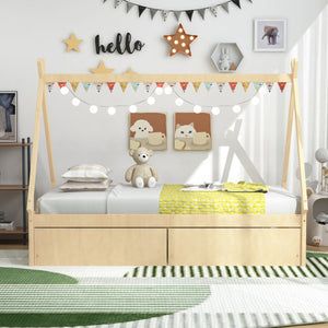 Twin Size Wooden Tent Platform House Bed with 2 Drawers-Natural