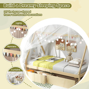 Twin Size Wooden Tent Platform House Bed with 2 Drawers-Natural