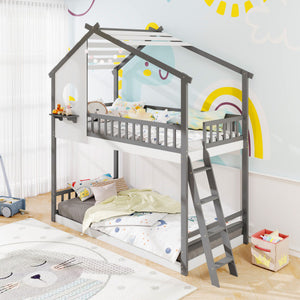 Twin over Twin House Bunk Bed with Roof and Guardrails for Kids-White & Gray