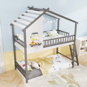 Twin over Twin House Bunk Bed with Roof and Guardrails for Kids-White & Gray