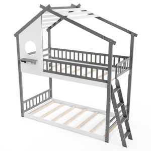 Twin over Twin House Bunk Bed with Roof and Guardrails for Kids-White & Gray