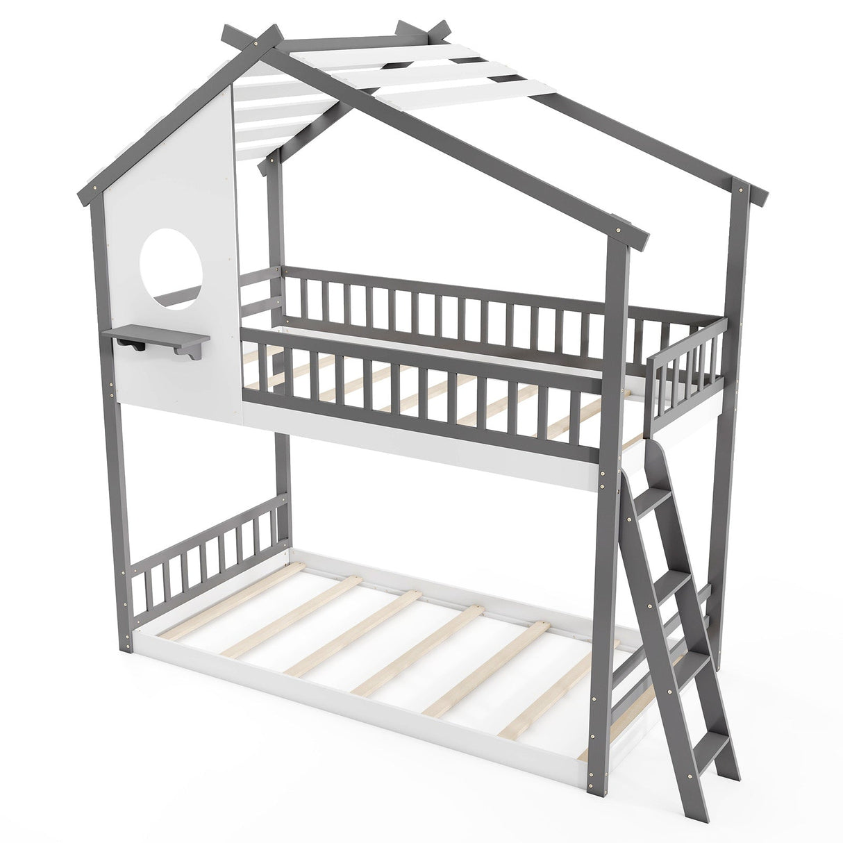 Twin over Twin House Bunk Bed with Roof and Guardrails for Kids-White & Gray