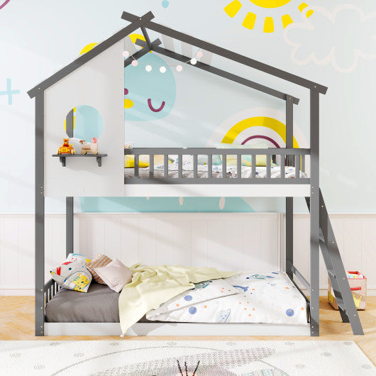 Twin over Twin House Bunk Bed with Roof and Guardrails for Kids-White & Gray