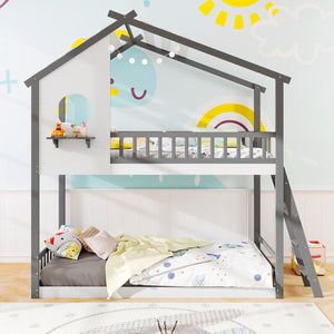 Twin over Twin House Bunk Bed with Roof and Guardrails for Kids-White & Gray