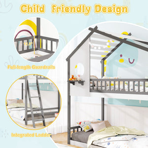 Twin over Twin House Bunk Bed with Roof and Guardrails for Kids-White & Gray