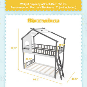 Twin over Twin House Bunk Bed with Roof and Guardrails for Kids-White & Gray