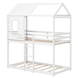 Twin over Twin House Bunk Bed with Roof and Full-length Guardrails-White
