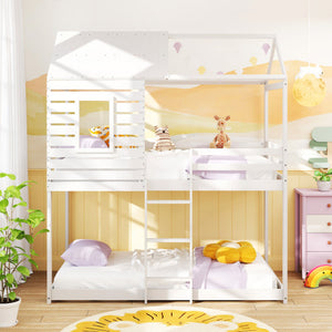 Twin over Twin House Bunk Bed with Roof and Full-length Guardrails-White