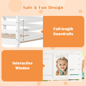 Twin over Twin House Bunk Bed with Roof and Full-length Guardrails-White