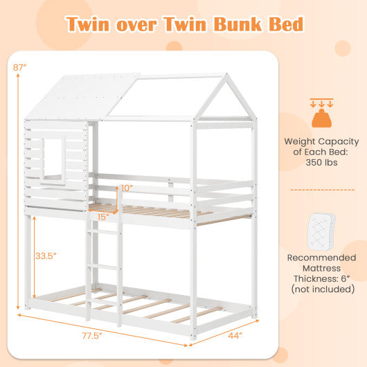 Twin over Twin House Bunk Bed with Roof and Full-length Guardrails-White