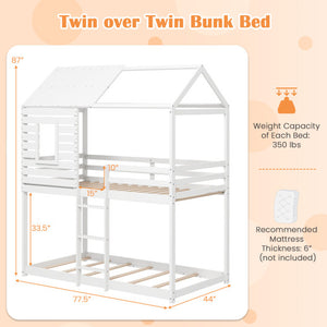 Twin over Twin House Bunk Bed with Roof and Full-length Guardrails-White