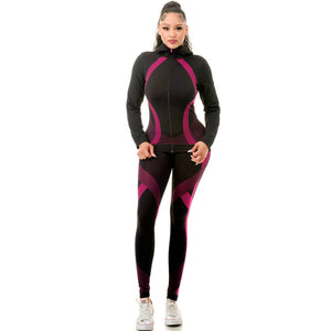Two Piece Active Zip Up Hooded Jacket + Leggings Set in Fuchsia - One Size S/M