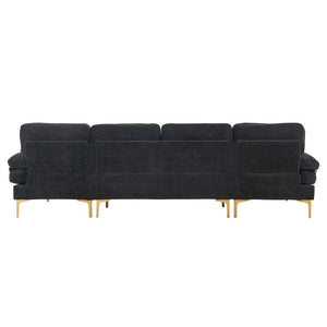 Back view of the "U Shaped 4 Seat Indoor Modular Sofa" in modern dark gray with gold metal legs, featuring plush cushions and a sleek design. The sofa embodies a contemporary style, emphasizing simplicity and elegance.