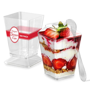 Stock Your Home 100 Pack 5 oz Elegant Mini Clear Plastic Dessert Cups with Lids and Spoons Square Parfait Cup w/Lid for Small Individual Desserts Pudding Shooters Appetizers Trifle Shooter