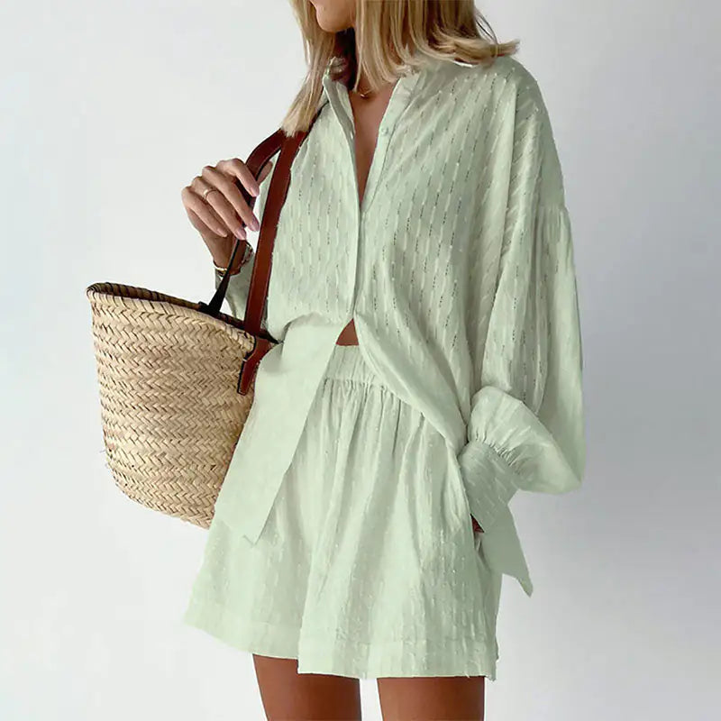 Lantern Sleeve Loose Shirt and Short Set 2 Piece Outfits