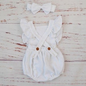 Cotton Baby Girl Double Ruffle Romper Jumpsuit with Headband  Playsuit For Newborn With Bow