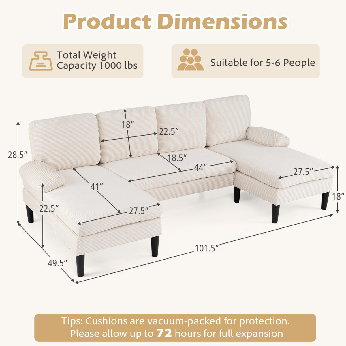 U-shaped Sectional Couch with Double Chaise for Living Room-Beige