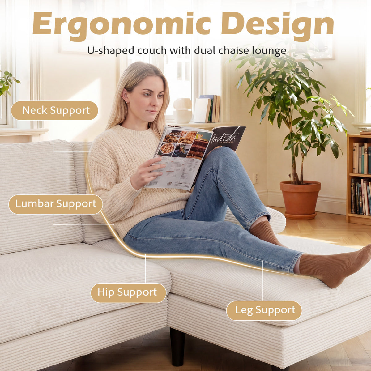 U-shaped Sectional Couch with Double Chaise for Living Room-Beige