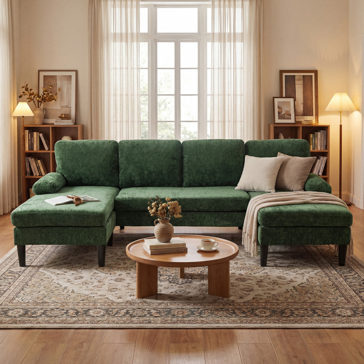 U-shaped Sectional Couch with Double Chaise for Living Room-Green