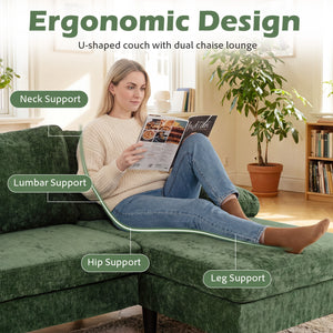 U-shaped Sectional Couch with Double Chaise for Living Room-Green