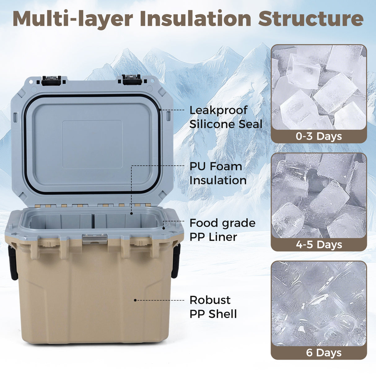 Ultra-Light Injection Molded Cooler 53 QT Hard Ice Chest-Coffee