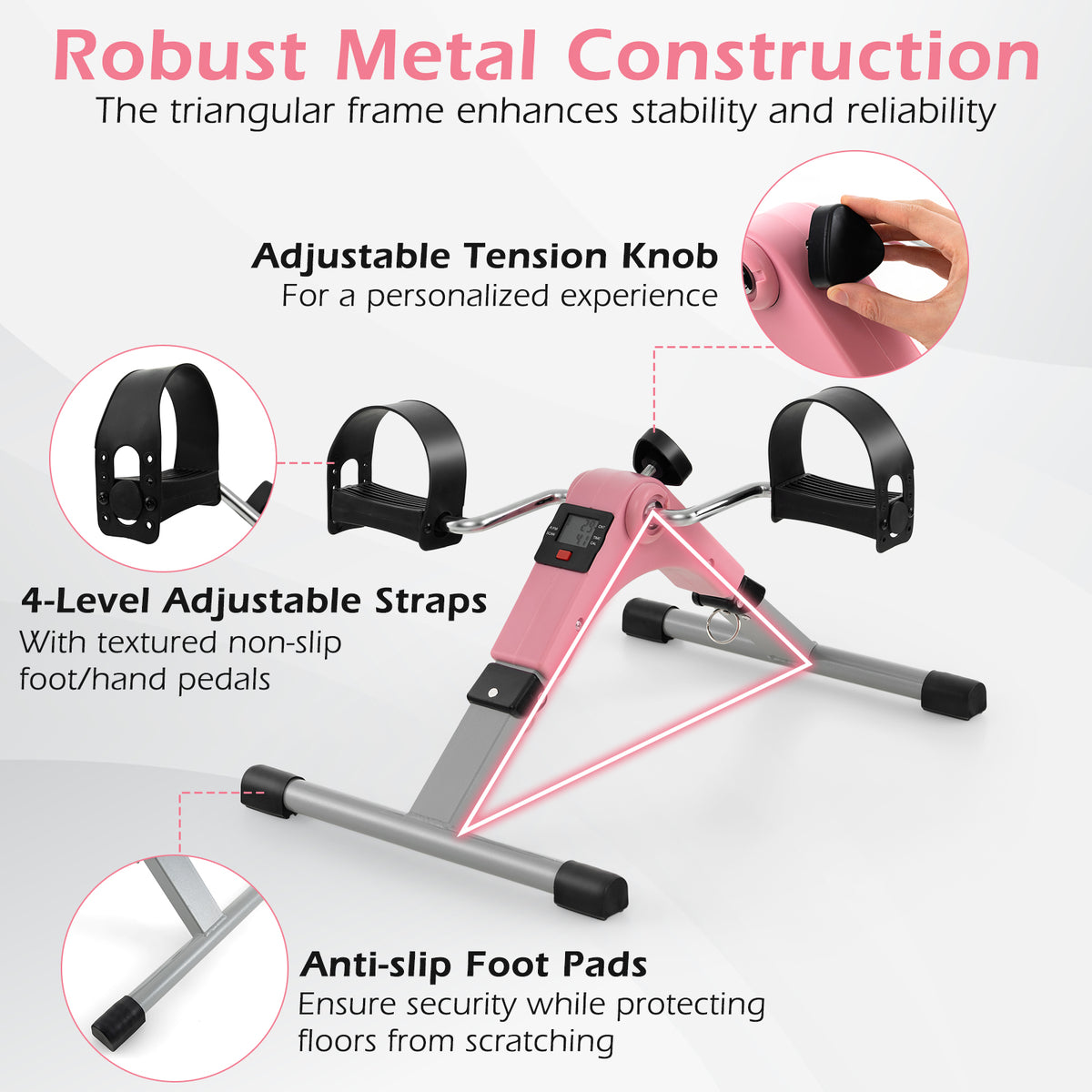 Under Desk Exercise Bike Pedal Exerciser with LCD Display for Legs and Arms Workout-Pink