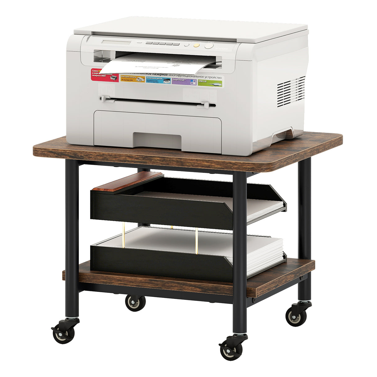 Under Desk Printer Stand with 360 ° Swivel Casters-Brown