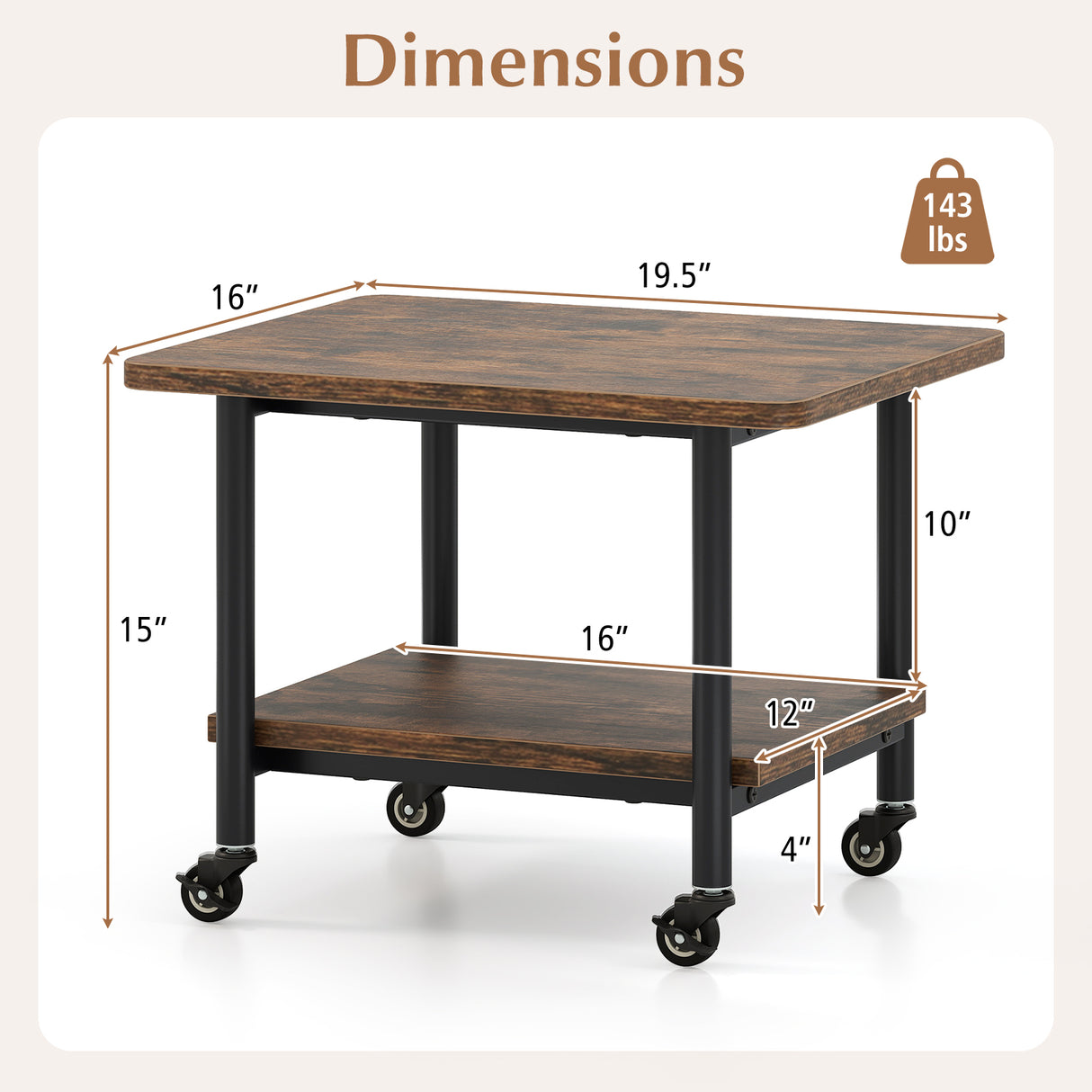 Under Desk Printer Stand with 360 ° Swivel Casters-Brown