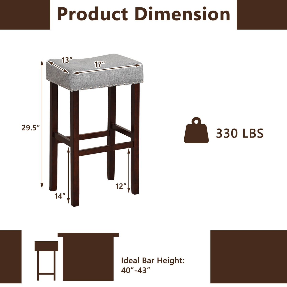 29 Inch Set of 2 Height Upholstered Bar Stool with Solid Rubber Wood Legs and Footrest-Gray